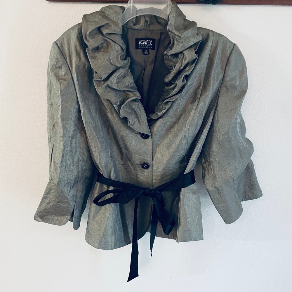 Adrianna Papell Silvered Gray Ruffled Blazer with Black Belt